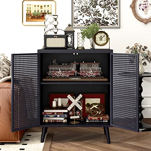 JZXSHD Buffet Cabinet, Metal Rattan Sideboard Kitchen Storage Cabinet Accent Modern Buffet Sideboard 2 Doors for Kitchen Room Living Room Hallway, Black