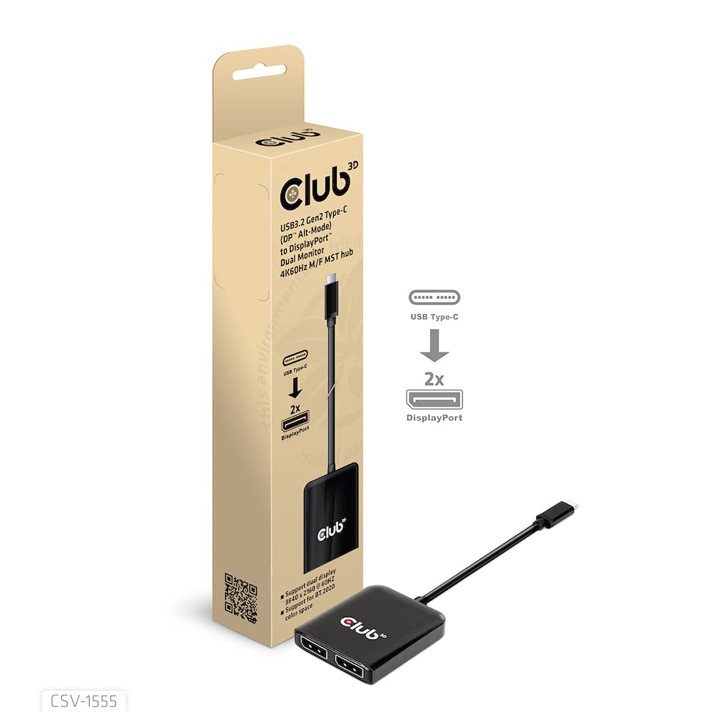 Club 3D CSV-1555 USB3.2 Gen2 Type-C(DP Alt-Mode) to DisplayPort Dual Monitor 4K60Hz M/F MST hub