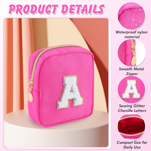 URSKYTOUS Initial Makeup Bag for Women Small Personalized Chenille Letter Nylon Cosmetic Bag for Purse Preppy Travel Cute Nylon Makeup Pouch Toiletry Makeup Organizer Bag for Birthday Gift(Hot Pink W)