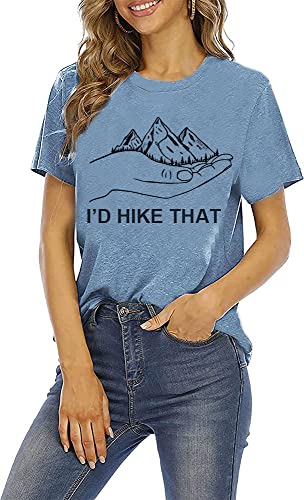 Women Hiking Mountain Graphic Shirt Funny Hand I'd Hike That Letter Short Sleeve Adventure Workout Athletic Tee Camping Top,Ink Blue S