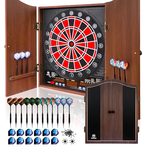 Electronic Dart Board LED Electric Digital Scoreboard Dart Boards for Adults with MDF Cabinet, up to 8 Players, 34 Games,355 Variations - 12 Soft Tip Darts & 100 Replacement tips - Great for Game Room