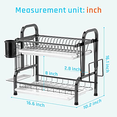 iSPECLE Dish Drying Rack - 2 Tier Dish Rack with Cup Holder, Dish Drainer with Automatic Drainage, Drainboard and Metal Utensil Holder Large Capacity for Small Kitchen Countertop Saving Space, Black