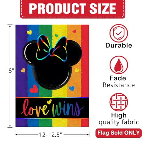 Dyrenson Love Rainbow Cartoon Mouse Decorative Garden Flag, LGBTQ Gay Lesbian Heart Yard Outside Pride Month Home Decoration, LGBT Bisexual Pansexual Burlap Outdoor Small Decor Double Sided 12 x 18