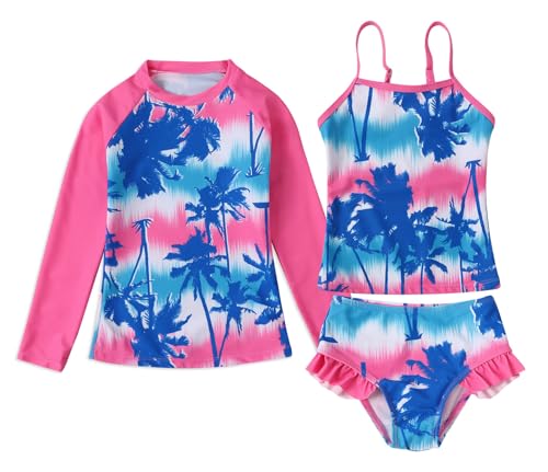 WonderBabe Little Girls Swimsuits 3-Piece Swimwears Rash Guard Set Long Sleeve UPF 50+Tankini Bathing Suit for Beach 3-4t Blue Pink