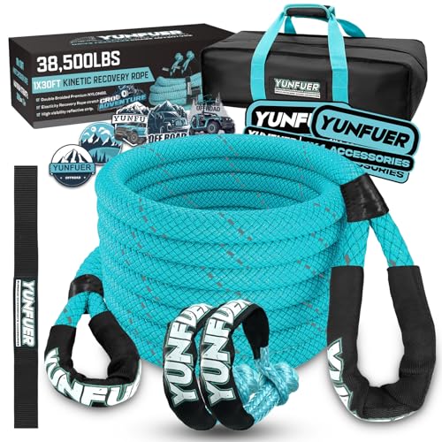 YUNFUER Kinetic Recovery Rope 1" x 30' (48,600lbs) Extreme Duty 35% Elasticity Energy Snatch Rope, Offroad Recovery Heavy Duty Tow Ropes for Trucks, UTV, ATV, SUV (Blue)