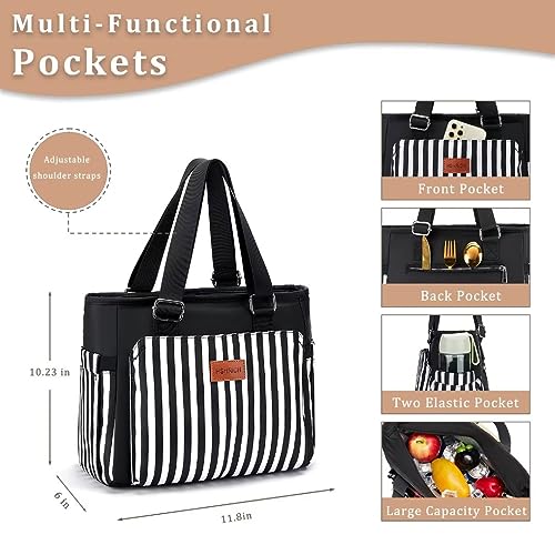 Large Women Lunch Bags/Insulated Adult Lunch Box/Leakproof Cooler Lunch Tote Bag with Storage Pocket. Reusable Lunch Purse for Work Picnic Hiking 12L, Stripe