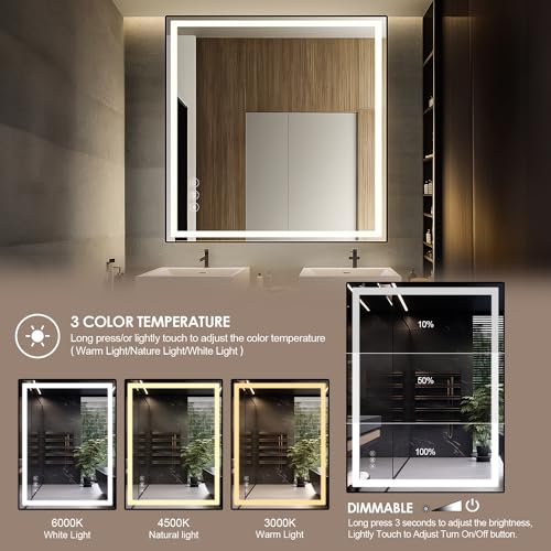 YOOSHINE LED Bathroom Mirror Metal Frame with Lights 24x32 Front and Backlit Lighted Vanity Mirrors for Wall Mounted Dimmable Anti-Fog Memory Function Tempered Glass Horizontal Vertical