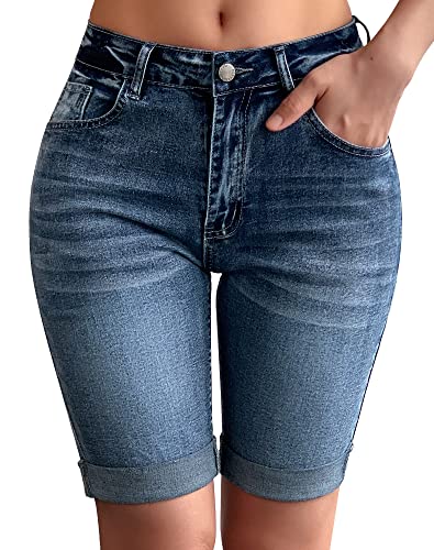 roswear Womens Mid Rise Roll Cuff Bermuda Stretch Denim Jean Shorts 104Blue Small