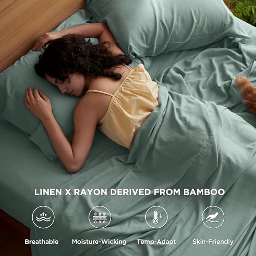 Bedsure Cooling Sheets for Queen Size Bed, 4 Pcs Blend of Rayon Derived from Bamboo Linen Sheets, 15" Deep Pockets, Silky Ultra Soft Breathable for Hot Sleepers - Blue