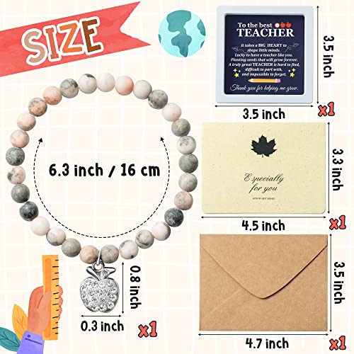 WATINC Teacher Appreciation Bracelet Gifts for Teacher Women, Thank You Teacher Natural Stone Bracelet with Sliver Charm Wish Card, Thanksgiving Teachers Day Elastic Bracelet Jewel (Pink)