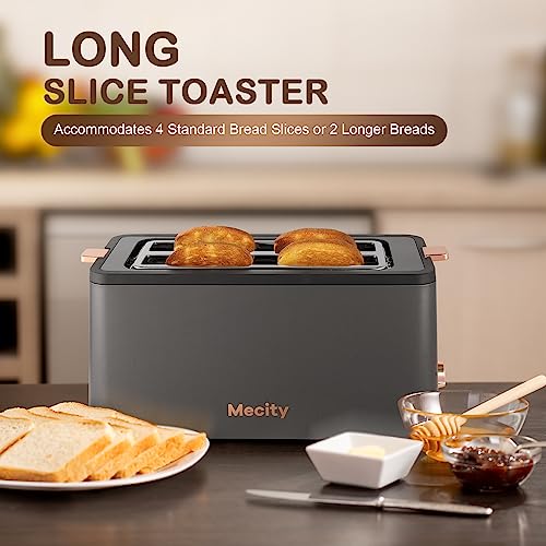 Mecity 4 Slice Toaster, Long Slot Toaster With Warming Rack, Bagel/Defrost/Reheat Functions,Warming Rack, Crumb Tray, 6 Browning Settings, Extra Wide Long Slots, Stainless Steel, 1300W,Grey