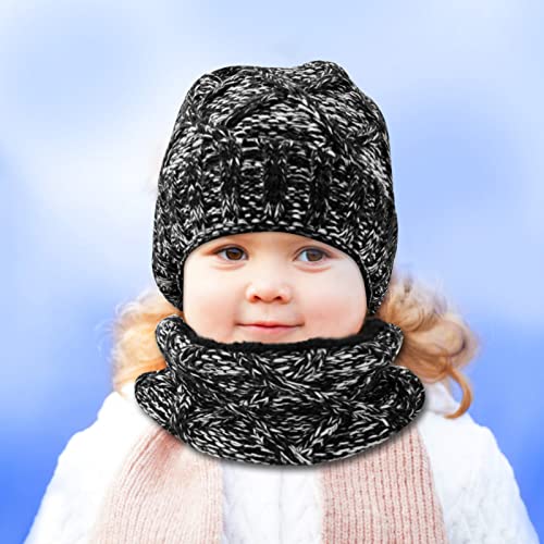 Hicdaw 2 Pcs Kids Winter Hat Scarf Set Beanie Hat Toddler Hat Scarf Warm Knit Fleece Lined Thermal Set for Boys Girls