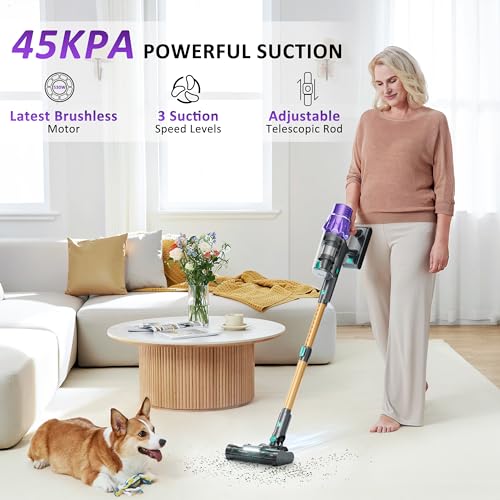 Cordless Vacuum Cleaner, Vacuum Cleaners for Home 560W 45Kpa Powerful Suction with LED Touch Display, Rechargeable Stick Vacuum, Self-Standing Vacuum, Handheld Vacuum for Carpet, Hard Floors, Pet Hair