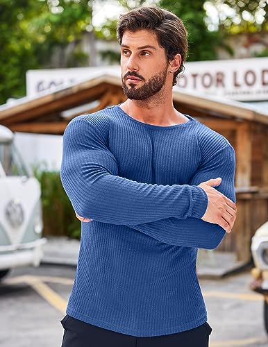 COOFANDY Men Muscle T Shirt Long Sleeves Fitted Gym Workout Athletic Tee Ribbed Knit Shirt White