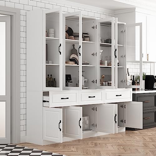 Hitow Tall Bookshelf with Glass Doors & Drawers, 2 Piece Large Storage Cabinet Set, Home Office Bookcase with Doors, Glass Display Cabinet for Living Room, White (78.7" W x 15.7" D x 78.9" H)