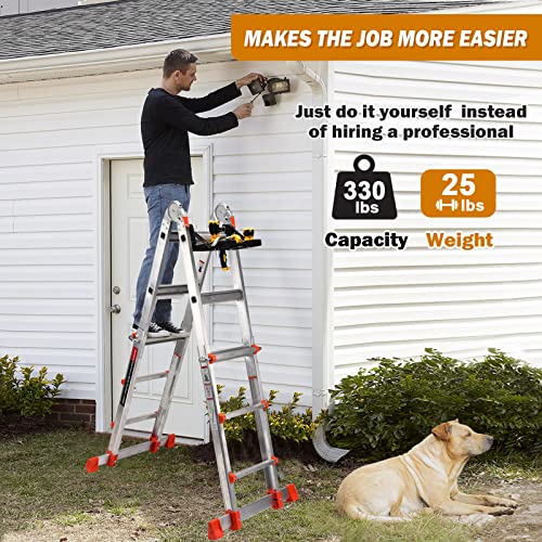 Soctone Ladder, A Frame 3 Step Ladder Extension Ladder, 11 Ft Multi Position Ladder & Removable Tool Tray with Stabilizer Bar, 330 lbs Weight Rating Telescoping Ladder for Household or Outdoor Work