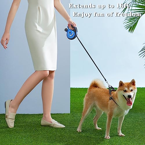 Huhaneon Retractable Dog Leash with Waste Bag Dispenser and Flashlight, 16ft Dog Leash for Small Medium Dogs up to 66lbs, One Button Break & Lock,360°Tangle Free, Soft Anti Slip Grip,Blue