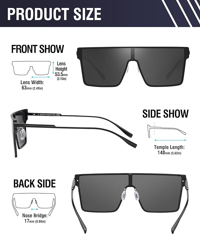 DUCO Square Oversized Fashion Sunglasses for Men Polarized Flat Top UV400 Protection Metal Frame Big Large DC3055