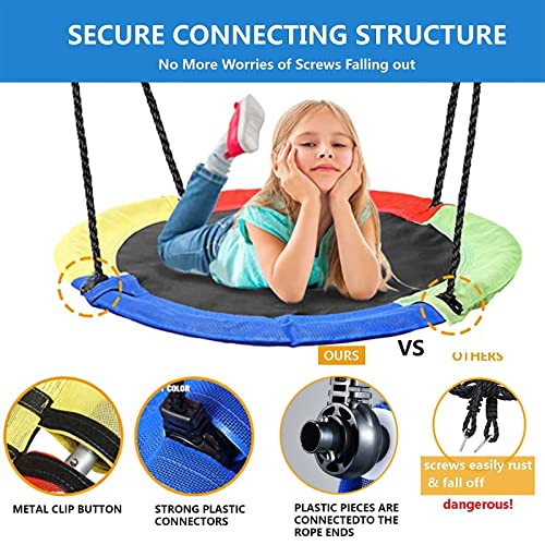 Hishine 50" Saucer Tree Swing for Kids, 360° Rotate Waterproof Flying Saucer Swing with Swivel, Hanging Straps, Adjustable Ropes, Round Mat Spinner Swing for Tree/Swing Set (Strap-Black)