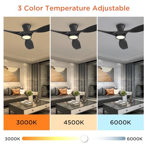 TALOYA 52 Inch Ceiling Fan with Led Light Remote Control Flush Mount Low Profile for Bedroom Farmhouse Patio Outdoor Living Room Kitchen Dining Room,DC Motor,Reversible,Black