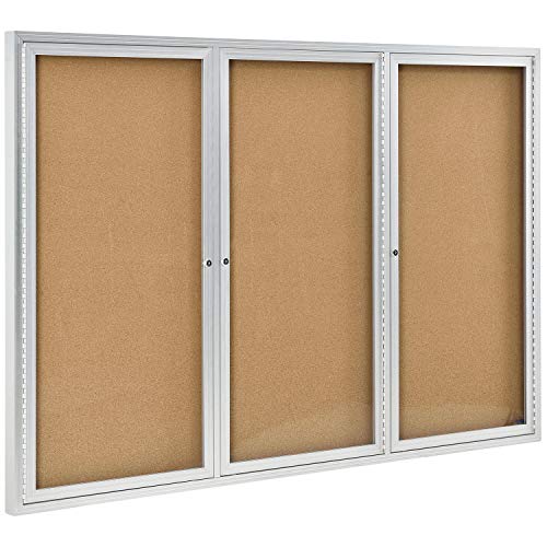 Global Industrial 3 Door Enclosed Bulletin Board, Cork, Aluminum Frame. 72" x 48"
