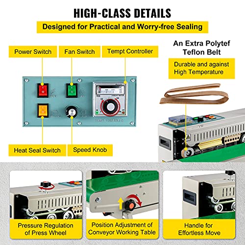 Happybuy FR-900 Continuous Band Sealer, Automatic Horizontal Band Sealer 110V, Continuous Sealing Machine Temperature Control, Bag Sealer Machine for PVC Bags Films
