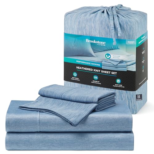 Brookstone Heathered Knit Moisture Wicking Twin Sheet Set | Innovative Breathable Fabric for All-Night Use by Hot Sleepers | 3 Piece Set of Soft Bed Sheet, Fitted Sheet, & Pillowcase | Faded Denim