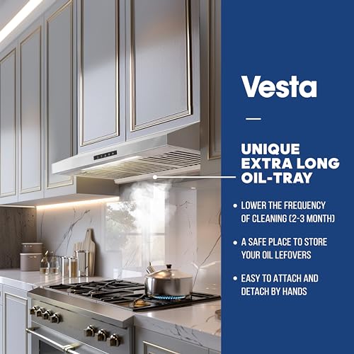 Vesta Arlington 850 CFM Powerful 30 Inch Under Cabinet Range Hood With Seamless Stainless Steel Body, Twin Turbo Motors, 3 Speed Touch Screen, Delay Shutoff, Round Vent, LED Lights, Oil Collector