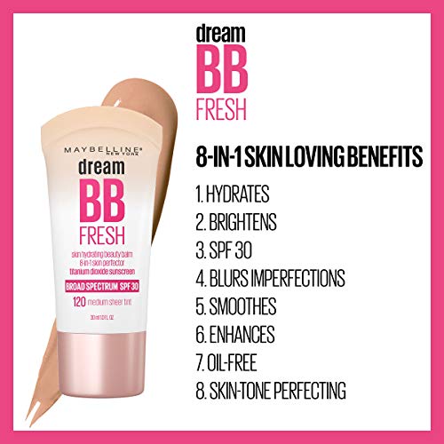 Maybelline Dream Fresh Skin Hydrating BB cream, 8-in-1 Skin Perfecting Beauty Balm with Broad Spectrum SPF 30, Sheer Tint Coverage, Oil-Free, Light, 1 Fl Oz