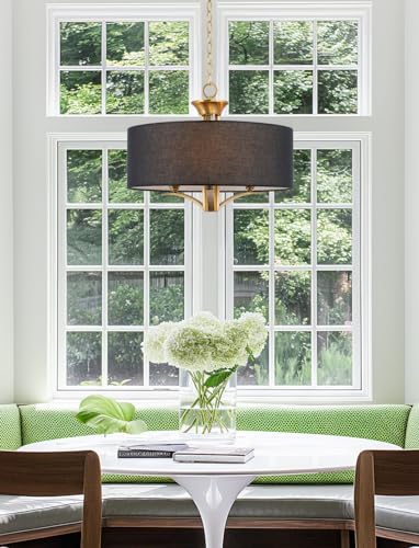 Kira Home Alondra 20" Modern 3-Light Drum Chandelier + Black Fabric Shade, Adjustable Height, Warm Brass Finish