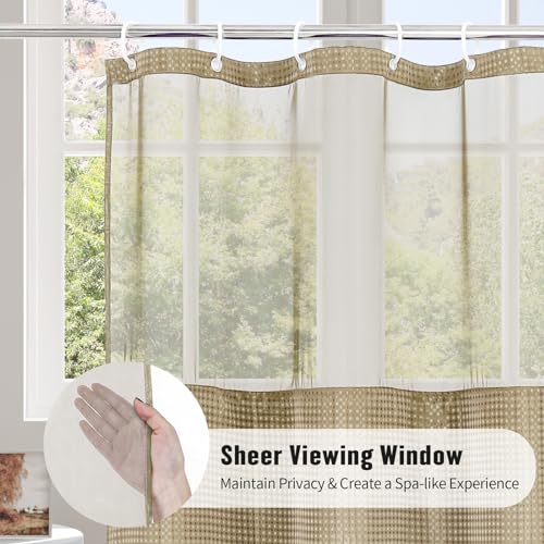MitoVilla Ivory Long Shower Curtain 72 x 78, 78 inches Long Cloth Mesh Top Window Shower Curtains for Hotel Spa Bathroom Decor, Beige Waffle Fabric Shower Curtain Set with Snap-in Liner