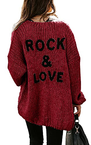 PRETTYGARDEN Casual Loose Open Front Womens Sweaters Fall Lightweight Midi Long Cardigan for Women Back Letters (Wine Red, Medium)