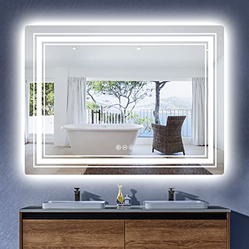 BokiHuk Led Bathroom Mirror with Lights, 40x24 inch Wall Mounted Lighted Vanity Mirror, Makeup Mirror Dimmable Anti-Fog with 3 Colors Light, Waterproof (Backlit & Front-Lighted)
