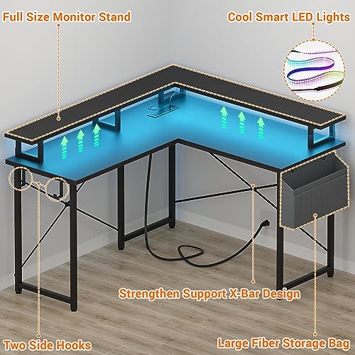 armocity L Shaped Computer Desk with Power Outlets, Small Gaming Desk L Shaped with LED Lights, 40 Inch Corner Desk with Storage Shelves, Work Study Desk for Bedroom, Home Office Small Spaces, Black