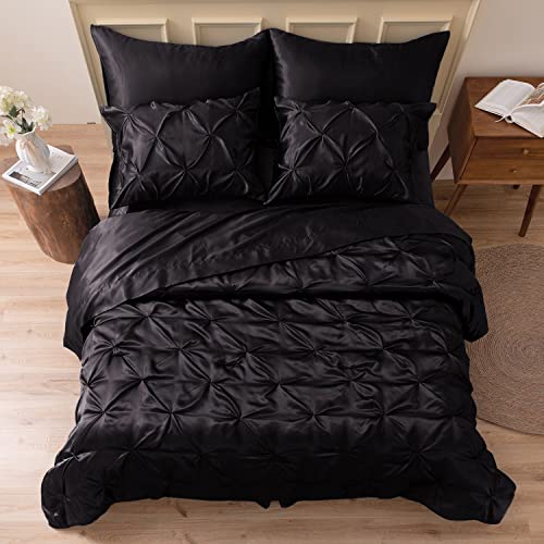 MR&HM Satin Comforter Full 7 Pieces - Luxurious Pinch Pleat Bedding Set with Comforter, Flat Sheet, Fitted Sheet, Pillowcases & Shams, Super Silky Soft Bed Set for All Season (Full, Navy Blue)
