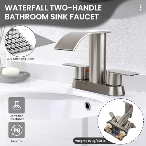 M OUDEMEI Two Handles Waterfall Bathroom Faucet, 4 Inch Centerset Sink Faucet, 2 or 3 Holes Bathroom Sink Faucet, Stainless Steel Lavatory Vanity Faucet with Pop Up Drain (Brushed Gold)