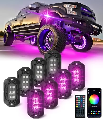 Tenmiro Car RGB LED Rock Lights Kit, 8 pods Waterproof IP68 High Bright Multilcolor with APP/Remote Control & Music Mode Rock Neon Light for Truck ATV UTV RZR SUV