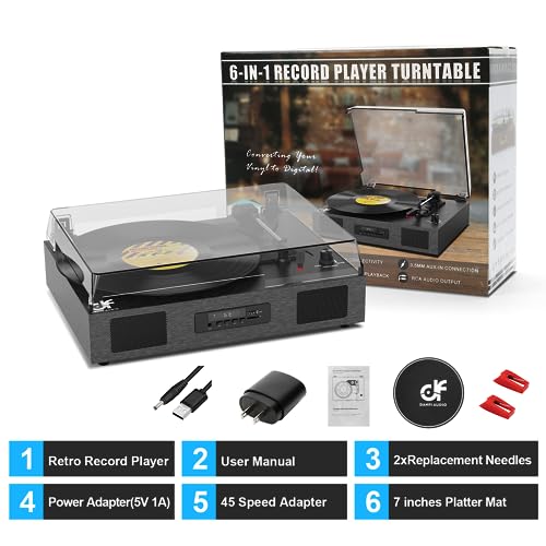 Record Player Bluetooth 3-Speed Vinyl Record Player with Stereo Speakers, USB Recording, RCA Line-Out, AUX-in, Retro Phonograph Turntable for Vinyl Records, Black