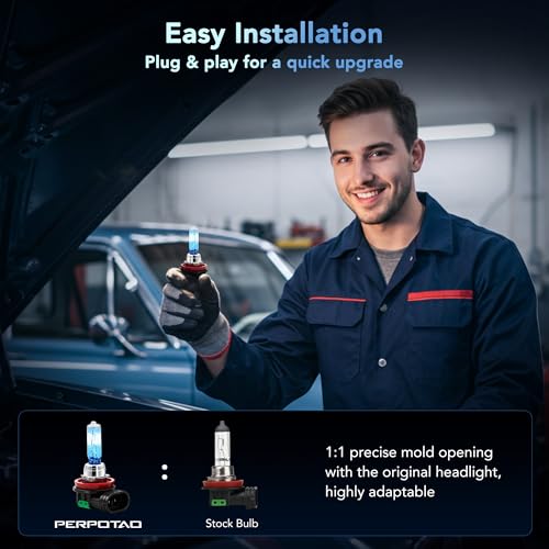 PERPOTAO H11 Halogen Bulbs, 12V 55W, 4000K White, High Performance, Brighter Whiter Light, High/Low Beam & Fog Light Bulb Replacement, Long Life, Plug and Play, 2 Pack