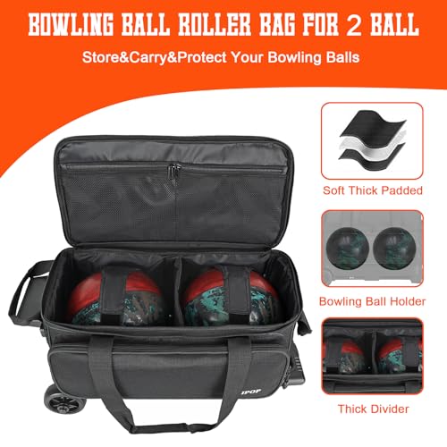 LARIPOP Dual Roller 2-Ball Bowling Bag, Featuring a Separate Large Shoe Compartment Capable of Accommodating Bowling Shoes, a 3-Section Telescopic Handle that Extends Up to 40" Designed for Travel.