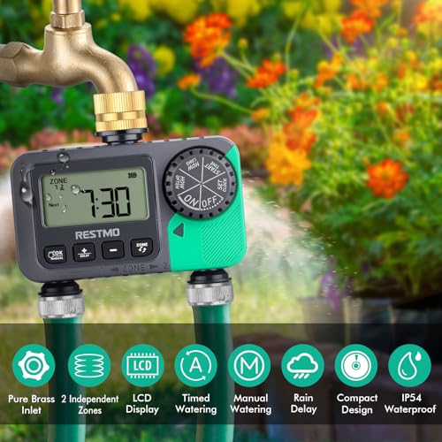 RESTMO Sprinkler Timer with Brass Inlet & Outlet, 2 Zone Programmable Water Timer for Garden Hose, 3 Separate Programs Hose Timer, Manual/Rain Delay/Automatic Watering for Drip Irrigation and Lawn