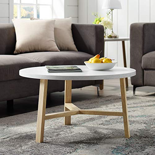 Walker Edison Mid Century Modern Round Coffee Table Living Room Accent Ottoman Storage Shelf, 30 Inch, Marble and Acorn