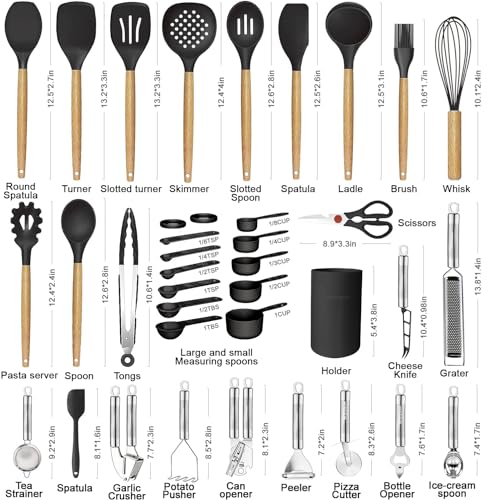 Cooking Utensils Set- 35 PCs Kitchen Utensils with Grater,Tongs, Spoon Spatula &Turner Made of Heat Resistant Food Grade Silicone and Wooden Handles Kitchen Gadgets Tools Set for Nonstick Cookware