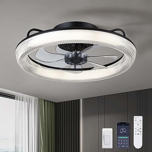 LUDOMIDE Ceiling Fans with Lights, 20" Low Profile Ceiling Fan with Light Remote Control, Flush Mount Fandelier Ceiling Fan 6 Wind Speeds 3 Color Changeable for Bedroom, Kitchen and Kids Room (Black)