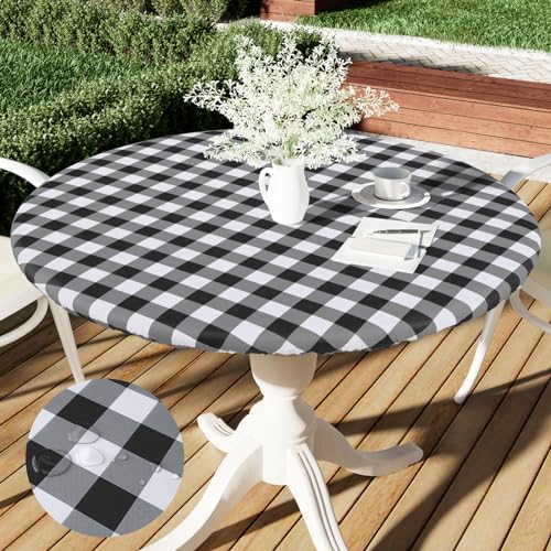 Smiry Round Picnic Table Cloth, Elastic Waterproof Fitted Vinyl Tablecloth for 45"-56" Tables, Flannel Backed Buffalo Plaid Table Covers for Dining, Camping, Outdoor, White and Yellow