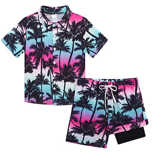 UNICOMIDEA Hawaiian Outfits for Boys 9-10 Years Kids Beach Short Set Summer Tropical Button Down Shirts and Swim Trunks 2 Pieces Sets Palm Tree Pattern Vacation Party Swimming