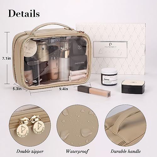 Pocmimut Makeup Bag,PU Leather Large Clear Makeup Bag Double Layer Travel Makeup Bag with Make Up Brush Bag Travel Essentials for Women(Apricot)