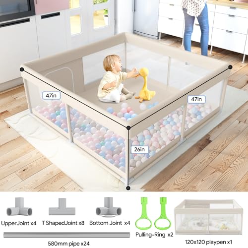 Fodoss Baby Playpen, Upgrade Playpen for Babies and Toddlers, 47x47x26inch Beige Play Pen for Babies with Hand Pulling Ring, Play Pen Center for Kids,Baby Fence,Baby Playards