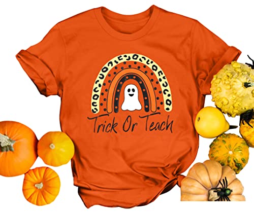 Trick Or Teach Shirt Women Halloween Teacher T-Shirts Rainbow Ghost Graphic Tees Tops Casual Letter Print Shirts Tops