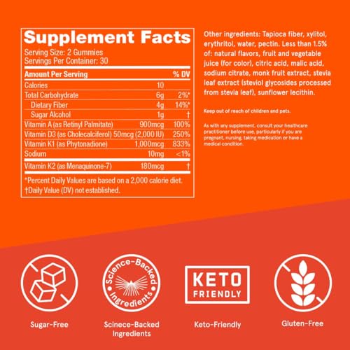 Bulletproof Sugar-Free Orange Strawberry Vitamins A+D+K Gummies, 60 Count, Keto Supplement for Heart, Bone and Immune Support, New and Improved Formula and Texture, Packaging May Vary